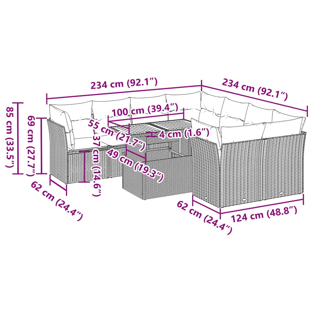 Set Divani da Giardino 9 pz con Cuscini Nero in Polyrattan | homemem39