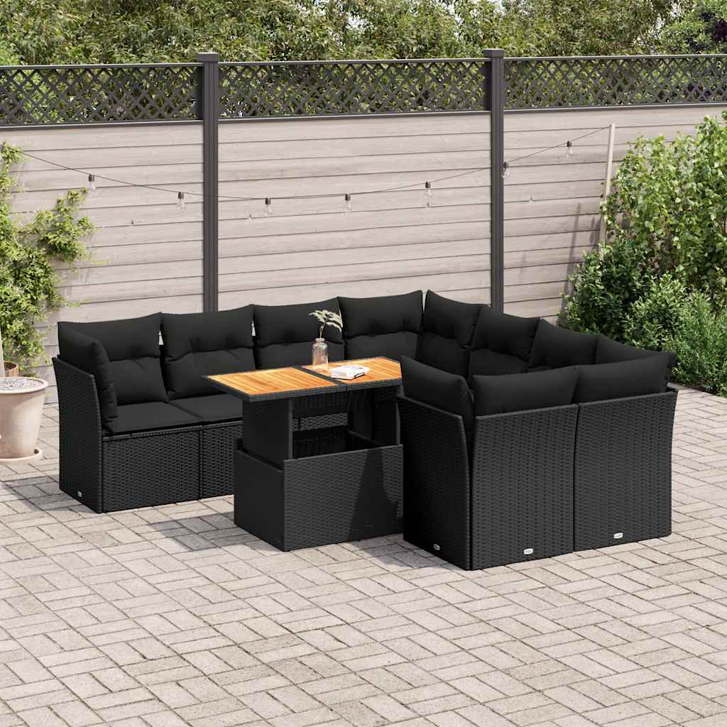 Set Divani da Giardino 9 pz con Cuscini Nero in Polyrattan | homemem39