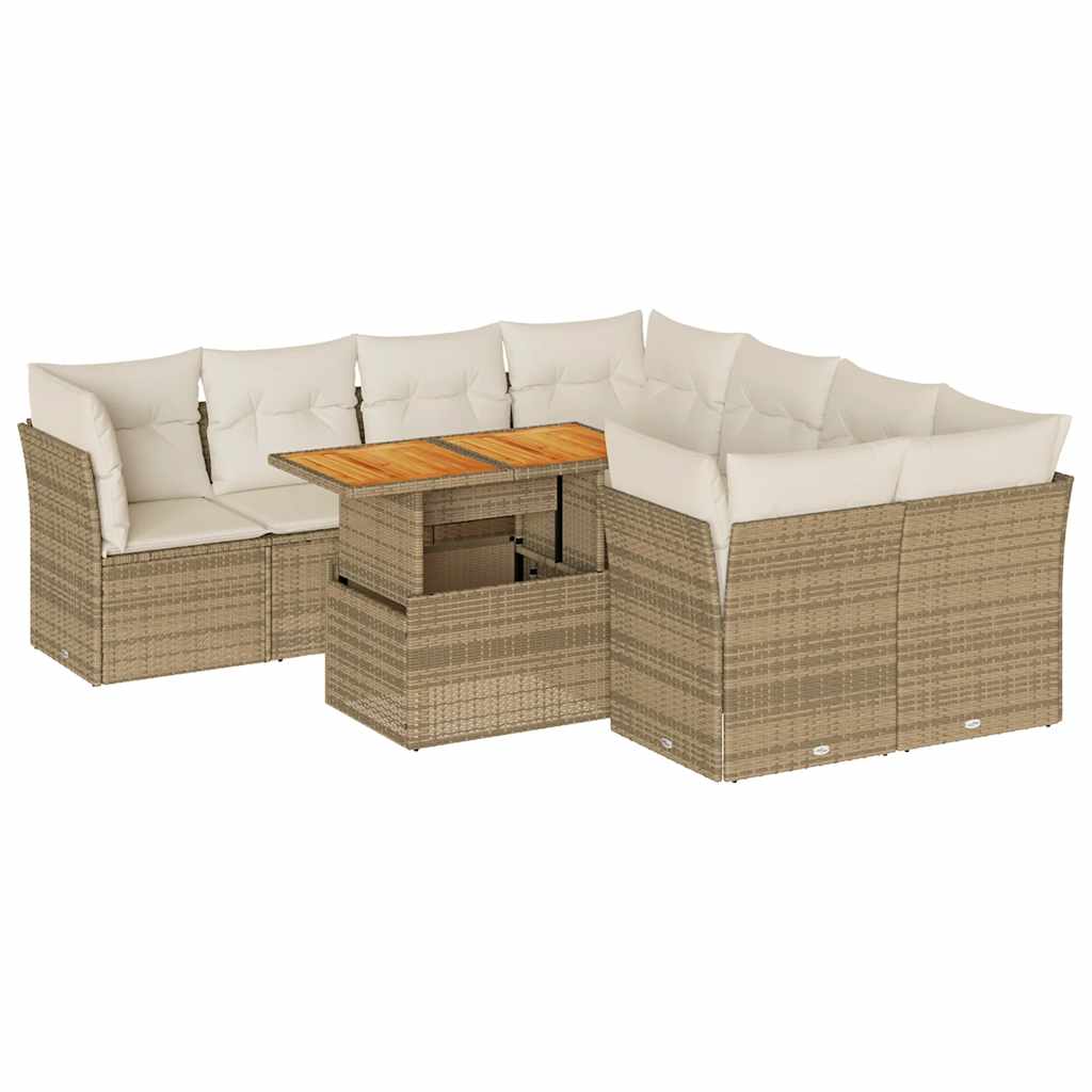 Set Divano da Giardino 9 pz con Cuscini Beige in Polyrattan