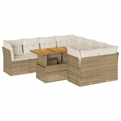 Set Divano da Giardino 9 pz con Cuscini Beige in Polyrattan