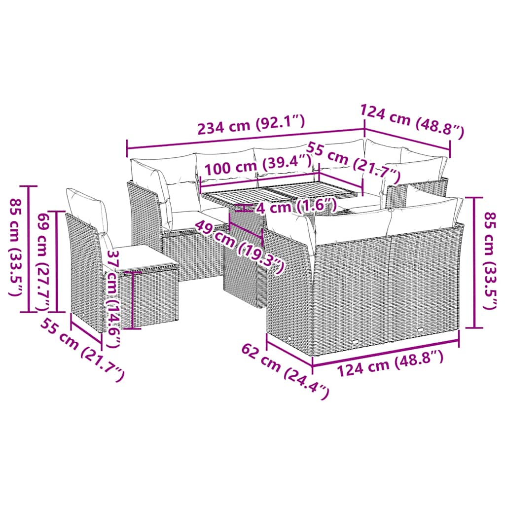 Set Divani da Giardino 9 pz con Cuscini Nero in Polyrattan