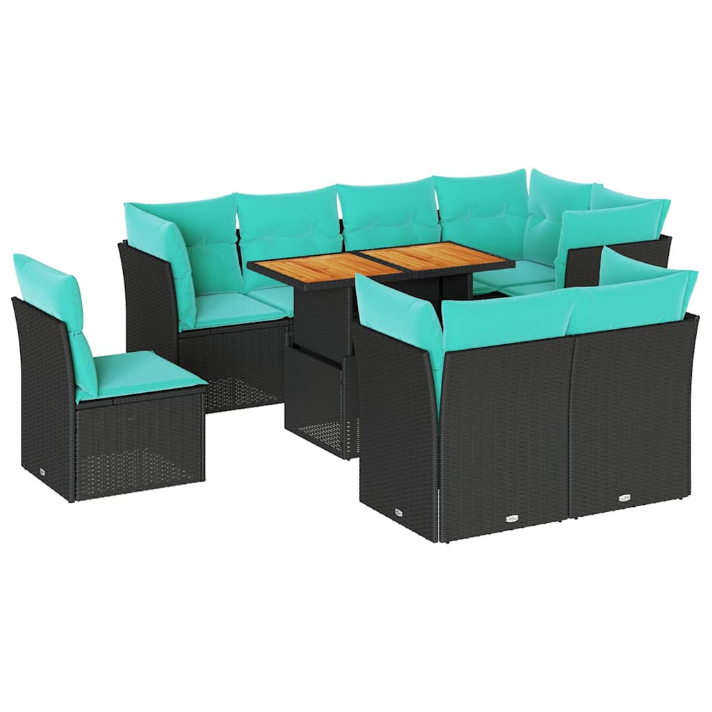 Set Divani da Giardino 9 pz con Cuscini Nero in Polyrattan | homemem39