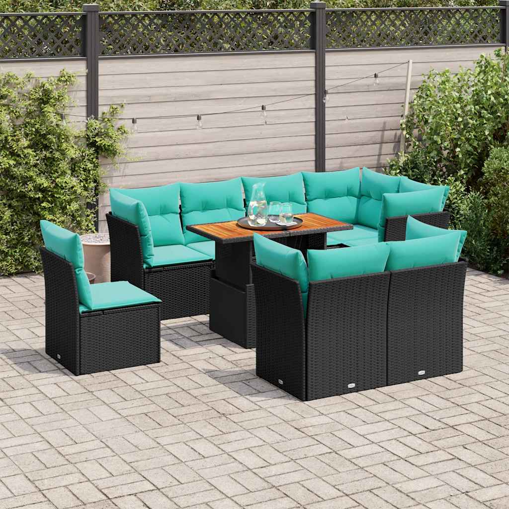 Set Divani da Giardino 9 pz con Cuscini Nero in Polyrattan | homemem39