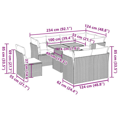 Set Divano da Giardino 9 pz con Cuscini Grigio in Polyrattan