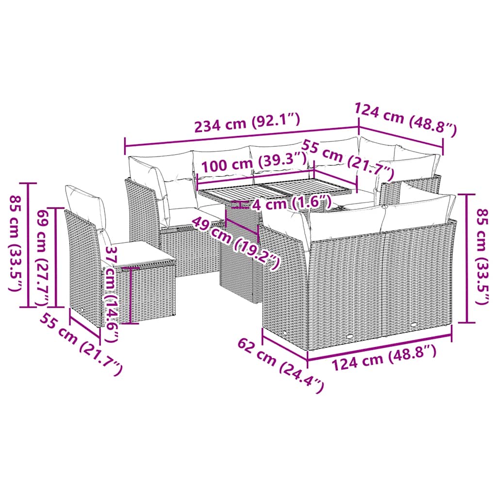 Set Divano da Giardino 9 pz con Cuscini Grigio in Polyrattan | homemem39