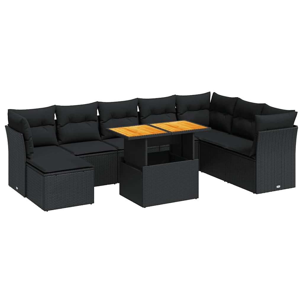 Set Divani da Giardino 9 pz con Cuscini Nero in Polyrattan | homemem39