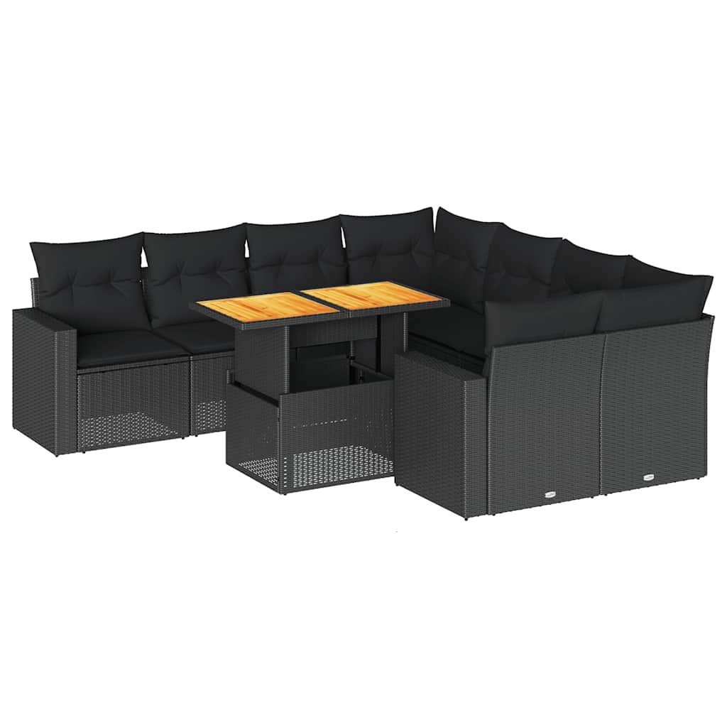 Set Divani da Giardino 9 pz con Cuscini Nero in Polyrattan | homemem39