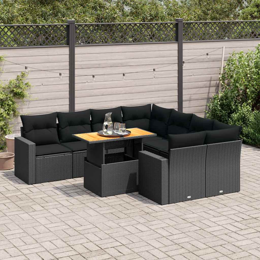 Set Divani da Giardino 9 pz con Cuscini Nero in Polyrattan | homemem39