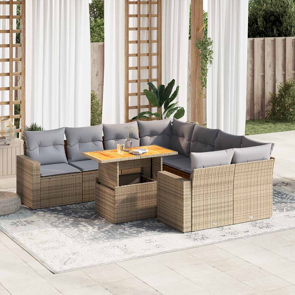 Set Divano da Giardino 9 pz con Cuscini Beige in Polyrattan | homemem39