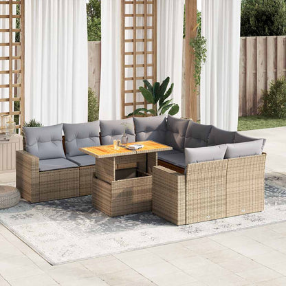 Set Divano da Giardino 9 pz con Cuscini Beige in Polyrattan