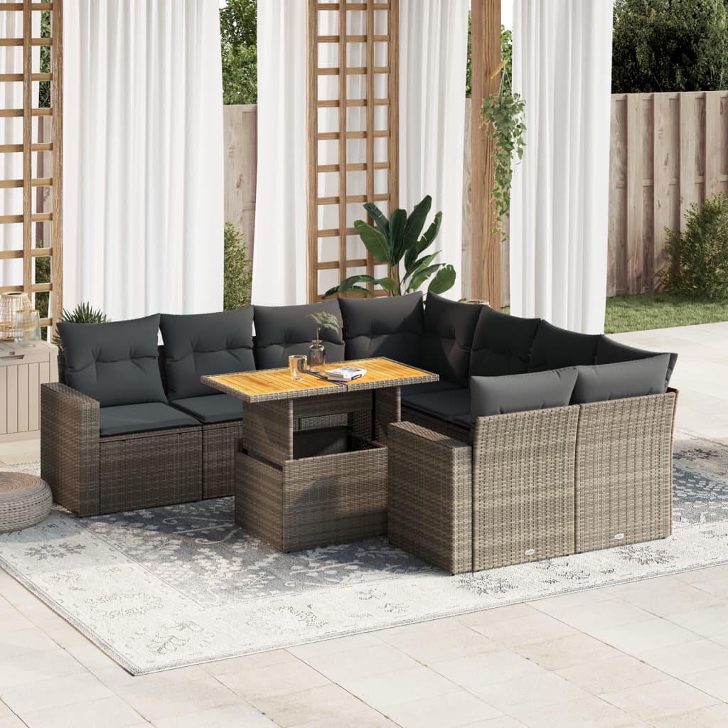 Set Divano da Giardino 9 pz con Cuscini Beige in Polyrattan