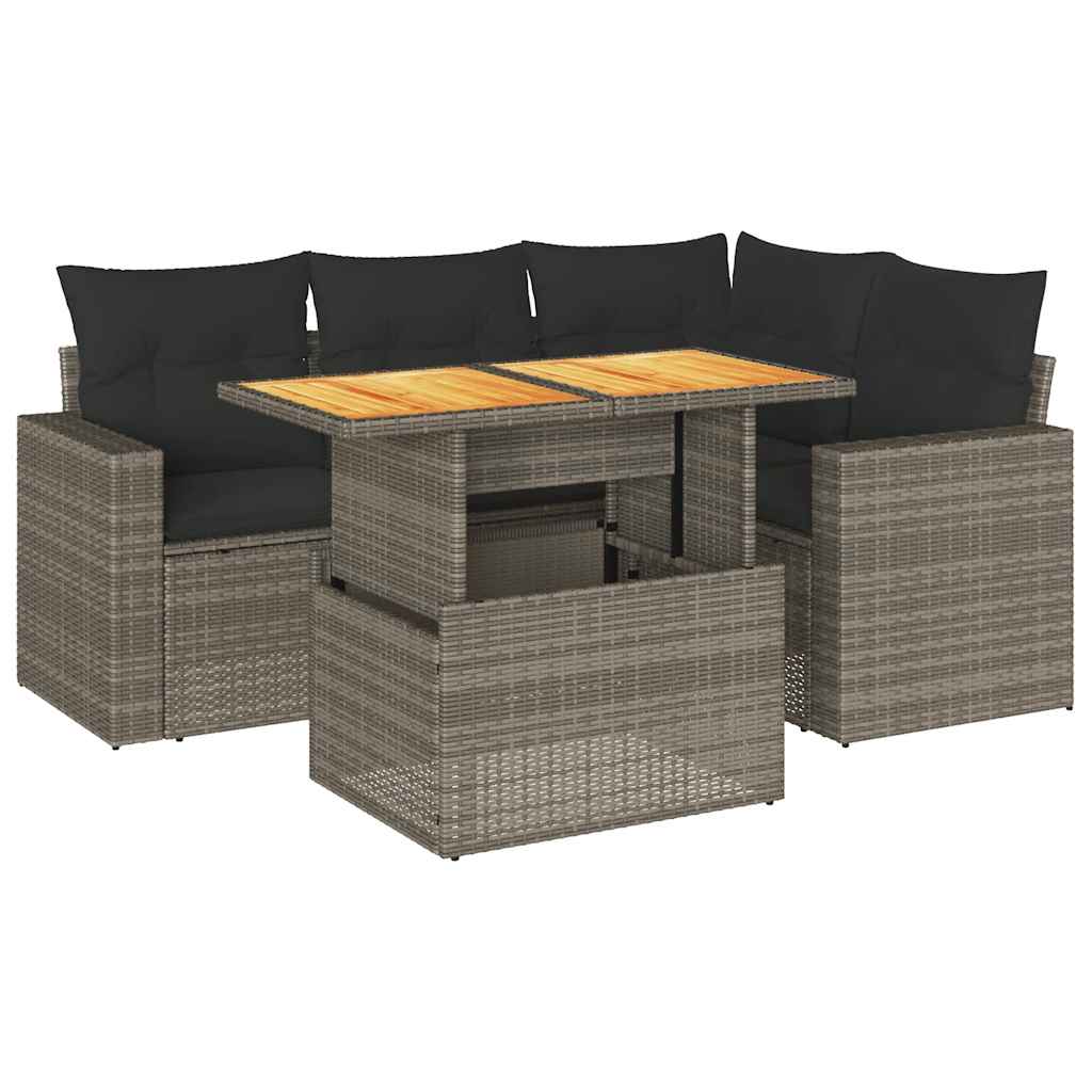 Set Divano da Giardino 5 pz con Cuscini Grigio in Polyrattan