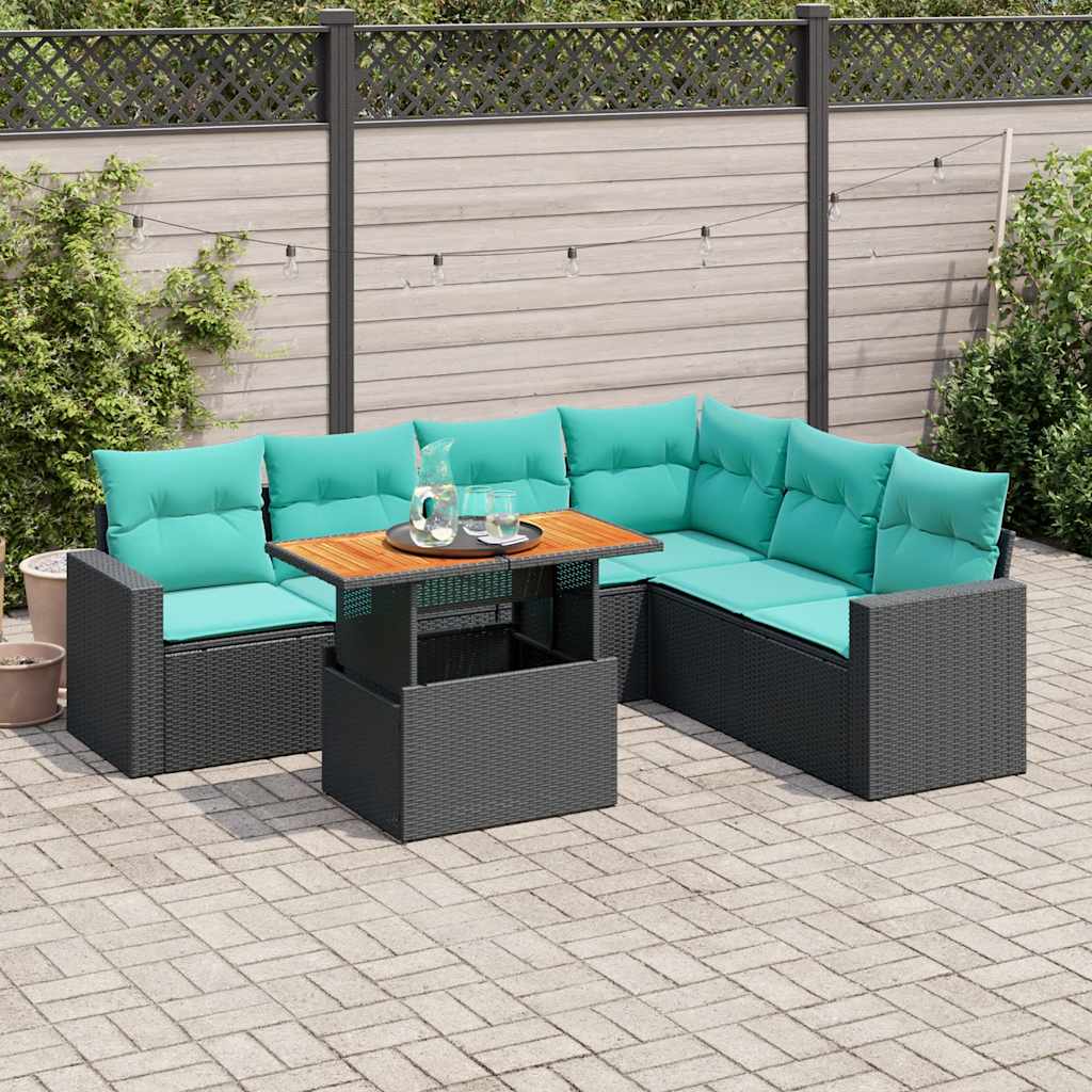 Set Divani da Giardino con Cuscini 7pz Nero Polyrattan