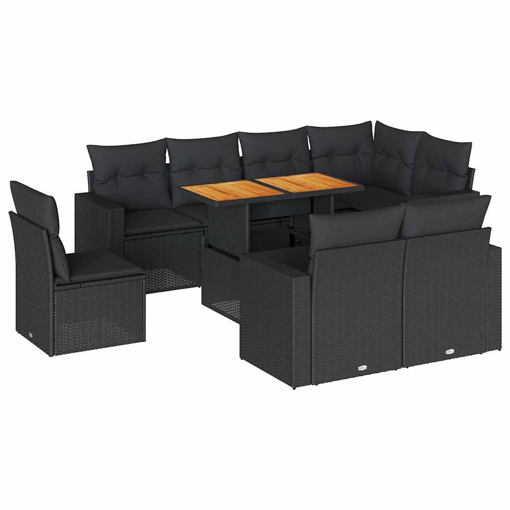 Set Divani da Giardino 9 pz con Cuscini Nero in Polyrattan