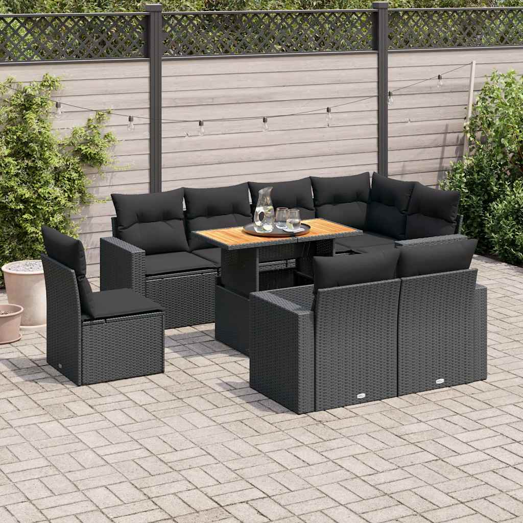 Set Divani da Giardino 9 pz con Cuscini Nero in Polyrattan - homemem39