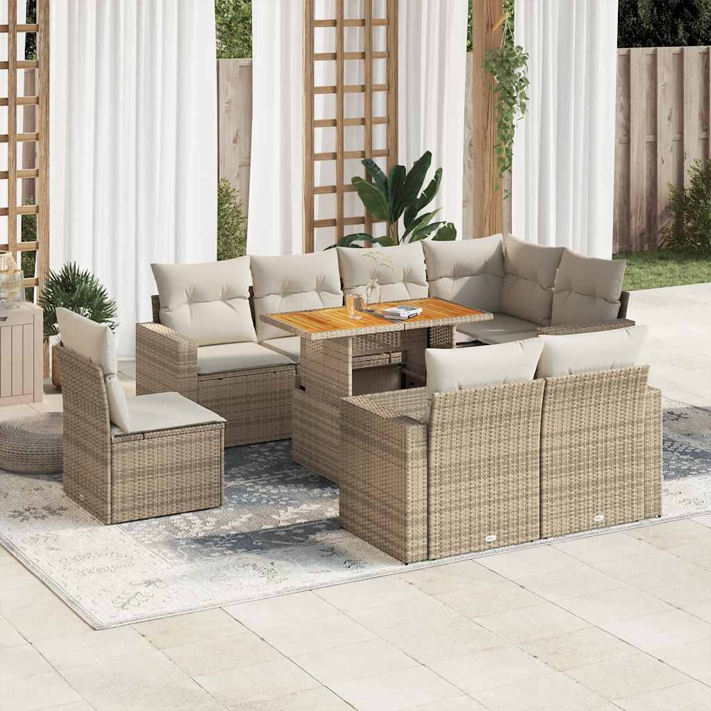 Set Divano da Giardino 9 pz con Cuscini Beige in Polyrattan - homemem39