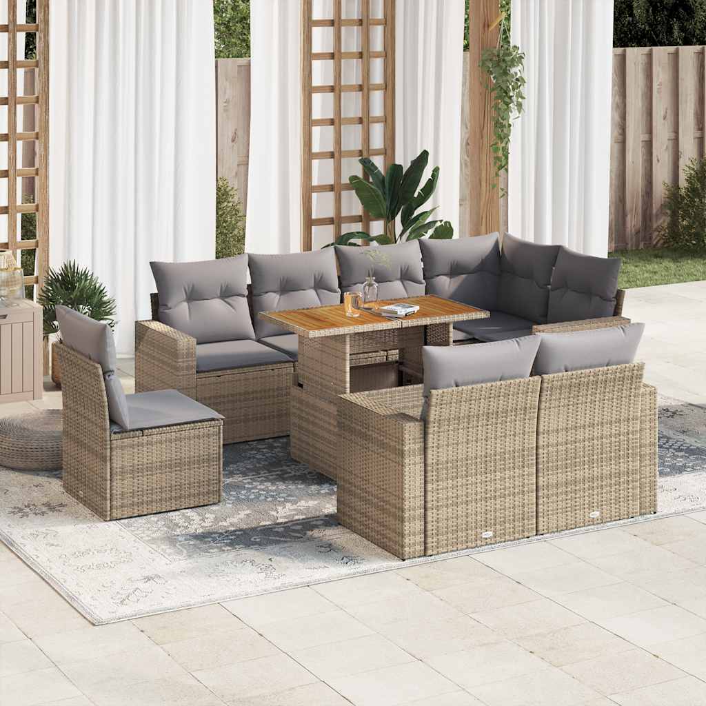 Set Divano da Giardino 9 pz con Cuscini Beige in Polyrattan
