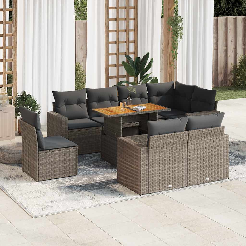 Set Divano da Giardino 9 pz con Cuscini Grigio in Polyrattan - homemem39