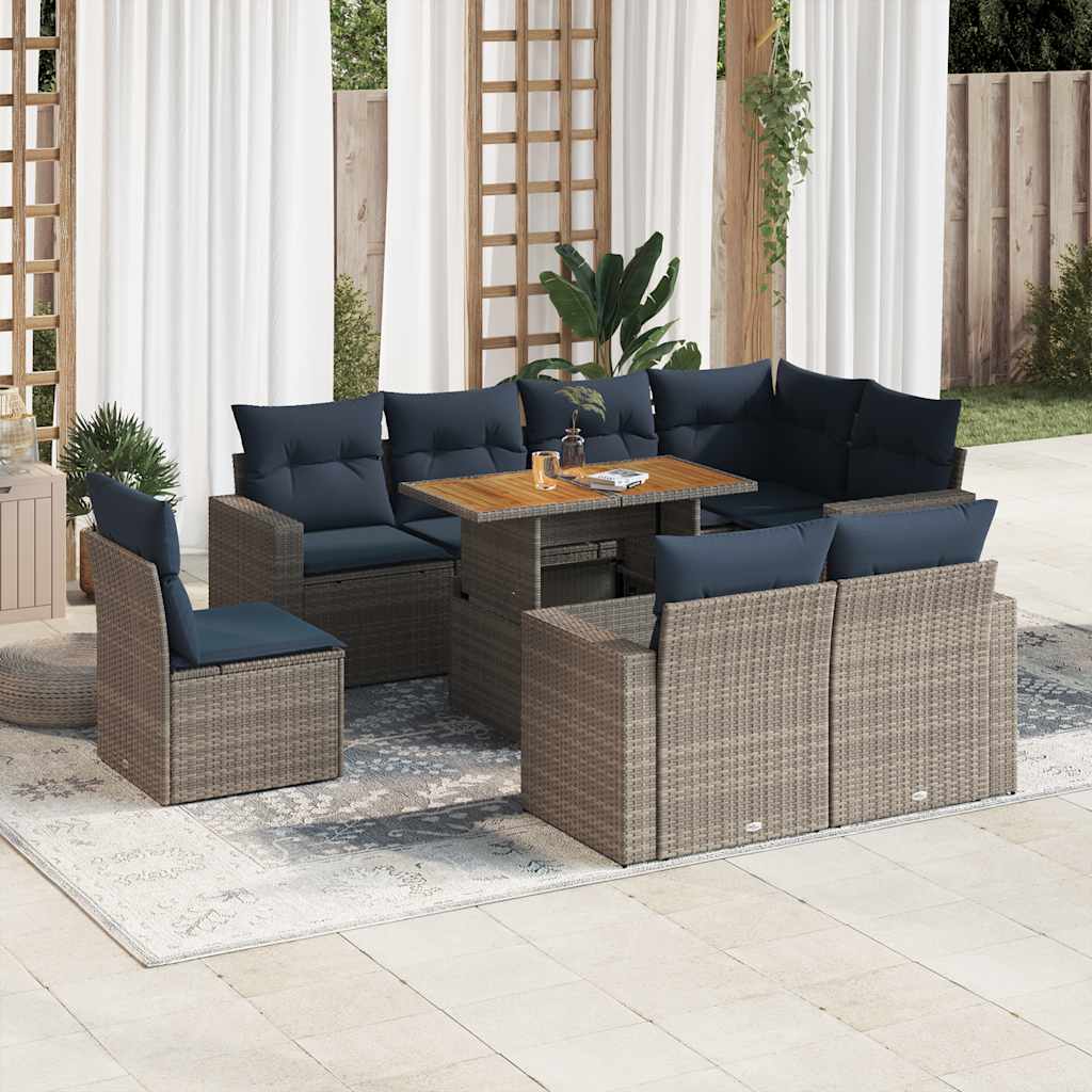 Set Divano da Giardino 9 pz con Cuscini Beige in Polyrattan
