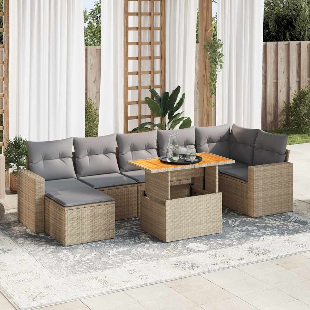 Set Divano da Giardino 8 pz con Cuscini Beige in Polyrattan