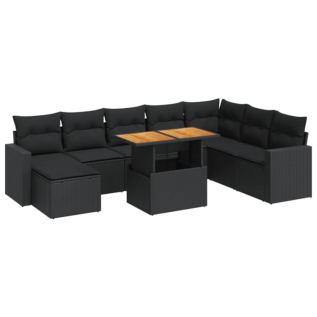 Set Divani da Giardino 9 pz con Cuscini Nero in Polyrattan | homemem39