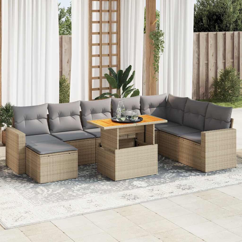 Set Divano da Giardino 9 pz con Cuscini Beige in Polyrattan