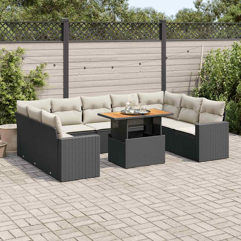 Set Divani da Giardino 10pz con Cuscini in Polyrattan Nero