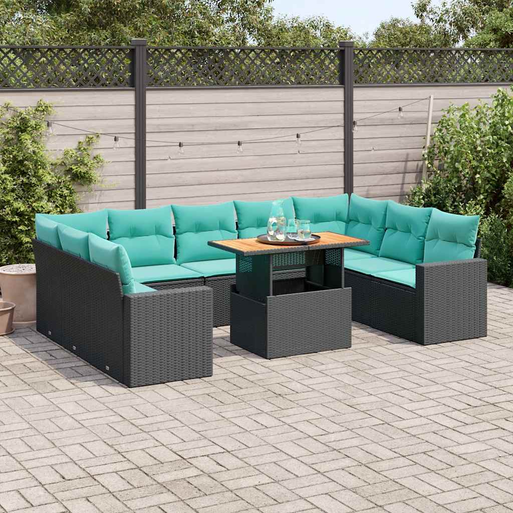 Set Divani da Giardino 10pz con Cuscini in Polyrattan Nero