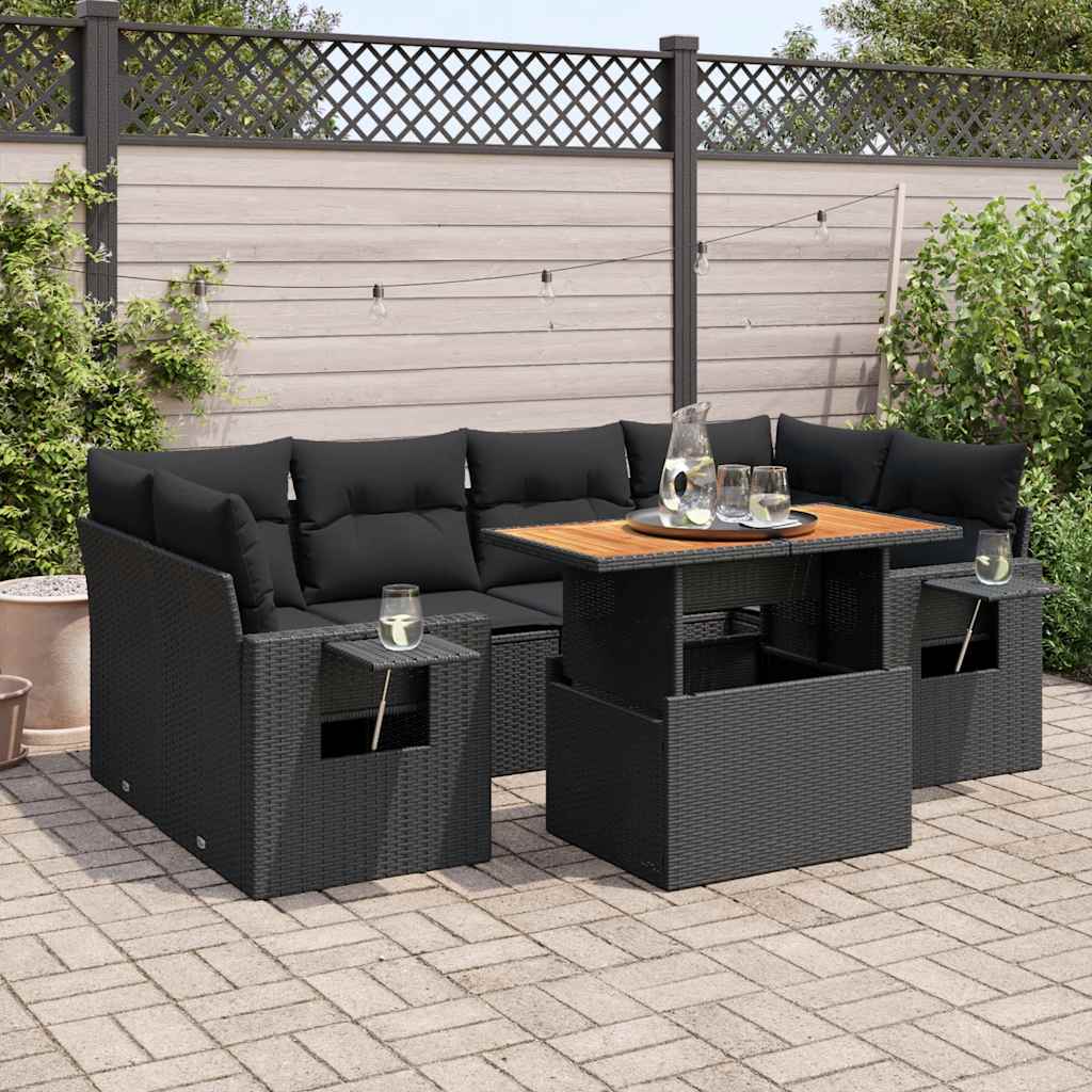 Set Divani da Giardino con Cuscini 7pz Nero Polyrattan