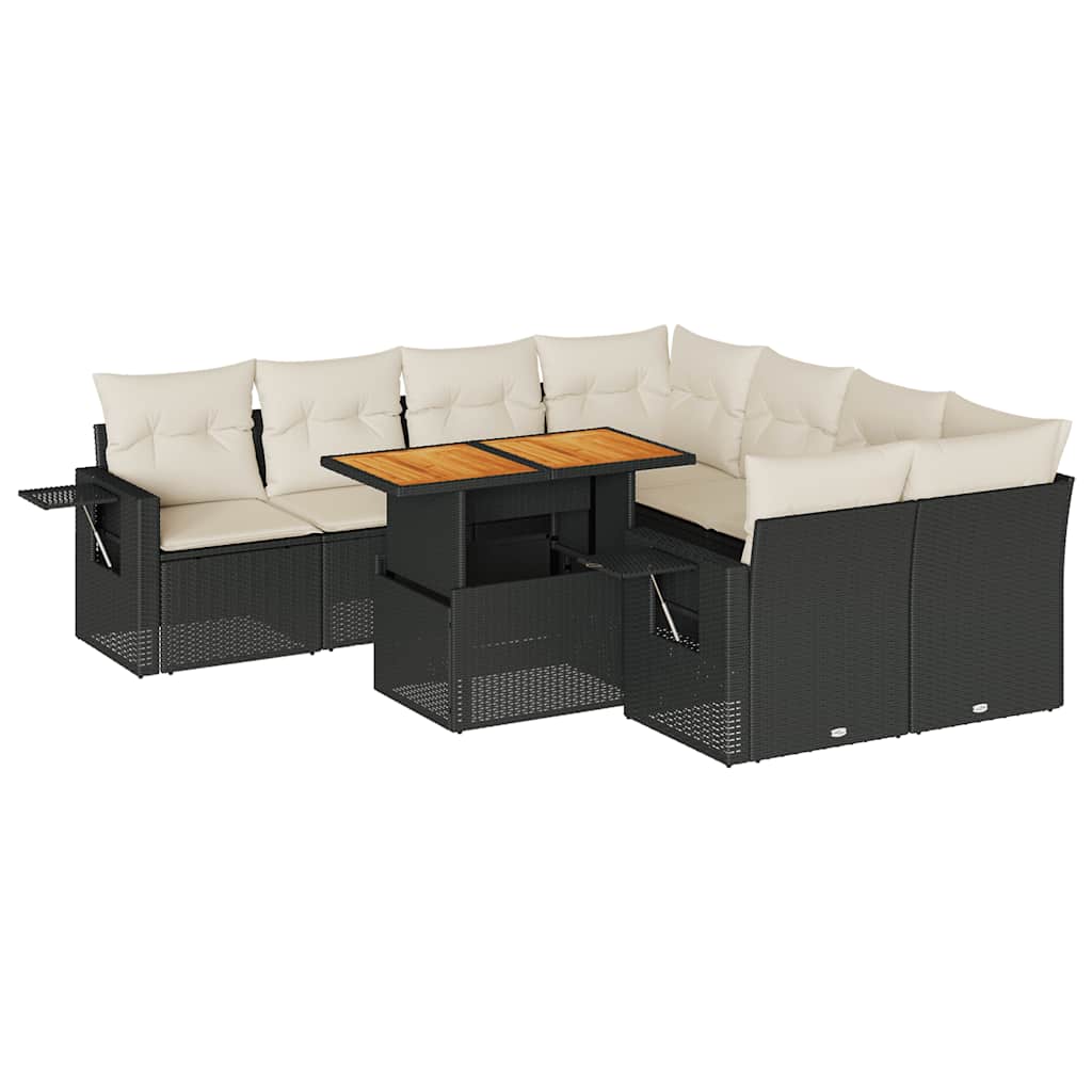 Set Divani da Giardino 9 pz con Cuscini Nero in Polyrattan
