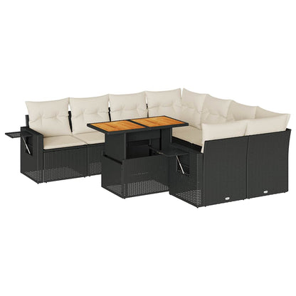 Set Divani da Giardino 9 pz con Cuscini Nero in Polyrattan
