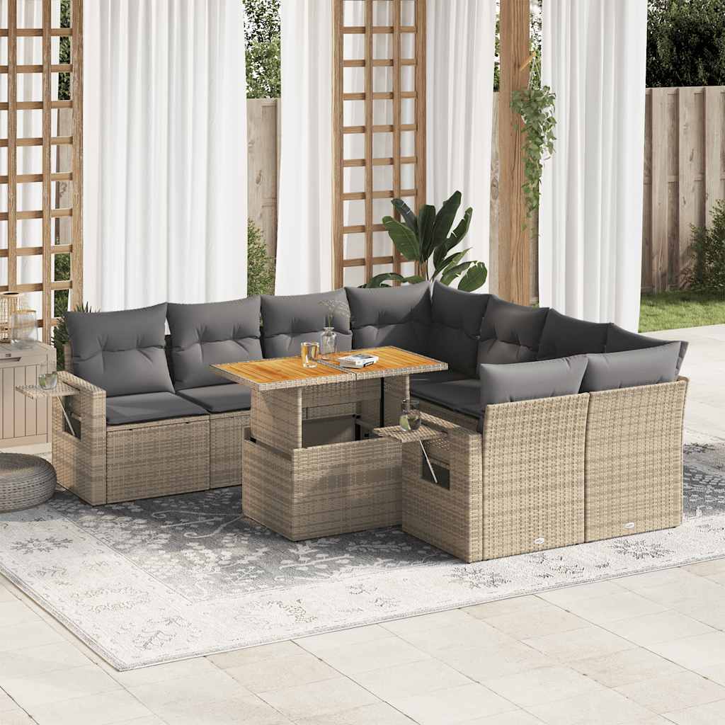 Set Divano da Giardino 9 pz con Cuscini Beige in Polyrattan