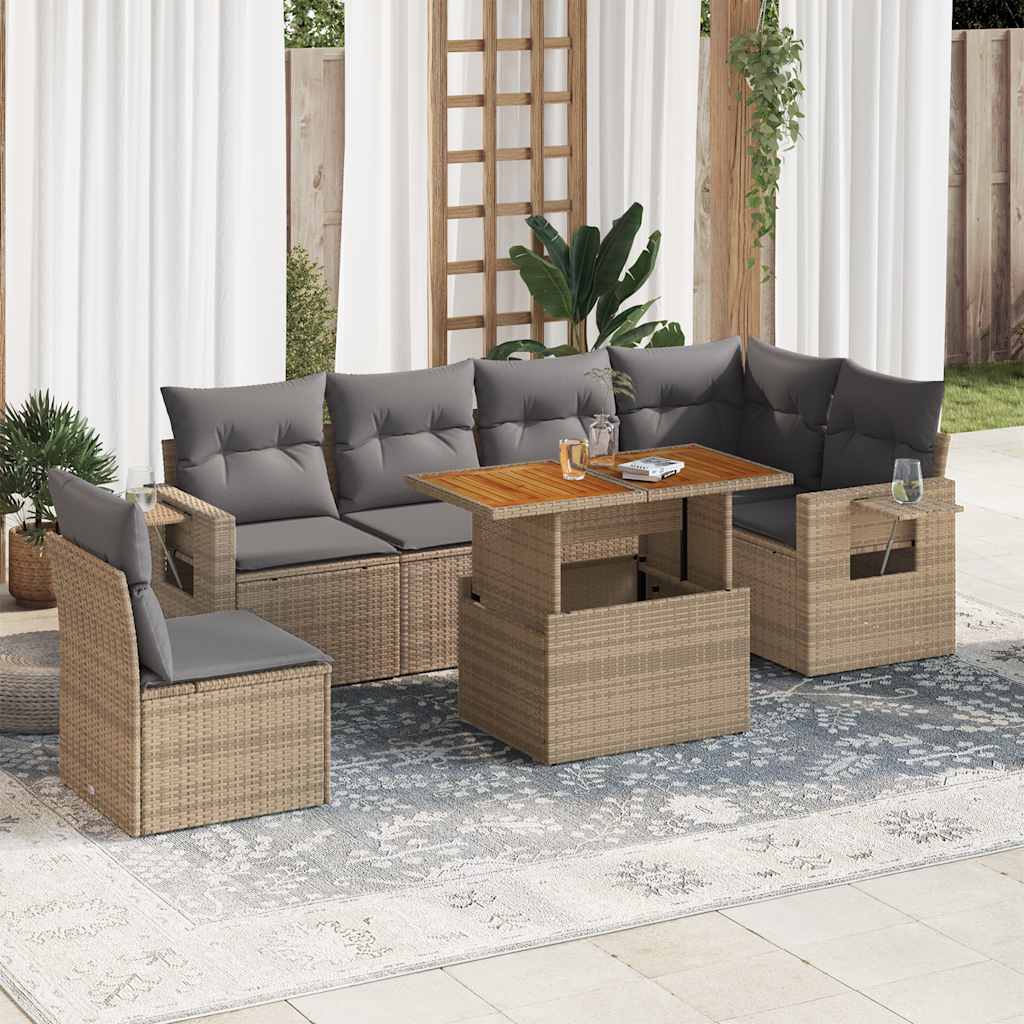 Set Divani da Giardino 7 pz con Cuscini Beige in Polyrattan