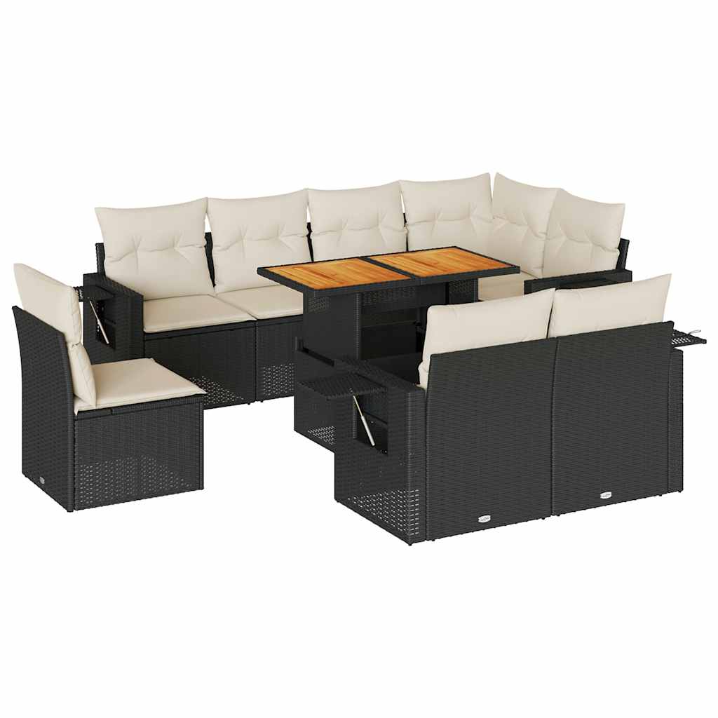 Set Divani da Giardino 9 pz con Cuscini Nero in Polyrattan