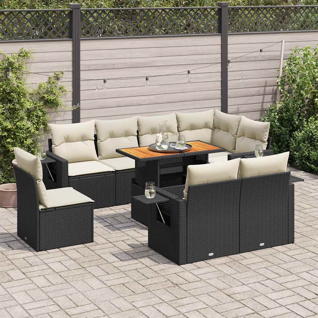 Set Divani da Giardino 9 pz con Cuscini Nero in Polyrattan