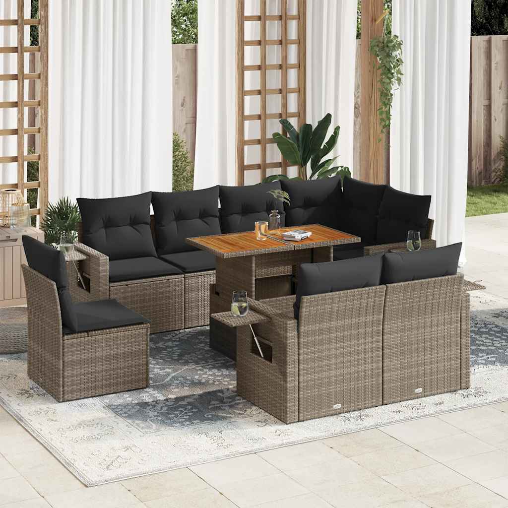 Set Divano da Giardino 9 pz con Cuscini Beige in Polyrattan