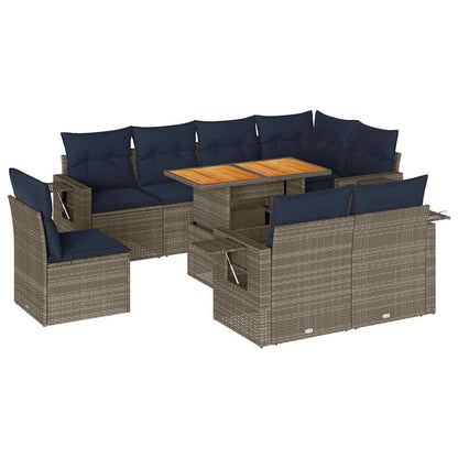 Set Divano da Giardino 9 pz con Cuscini Grigio in Polyrattan