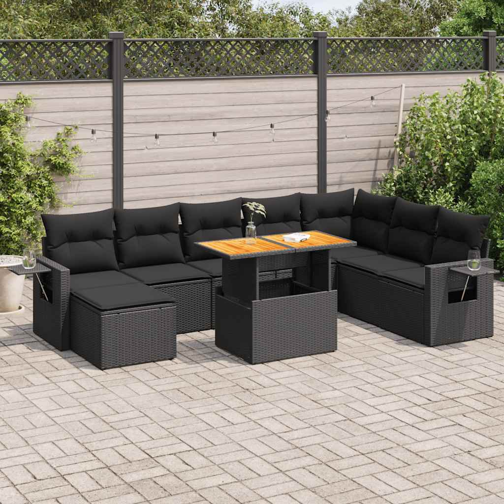 Set Divani da Giardino 9 pz con Cuscini Nero in Polyrattan | homemem39