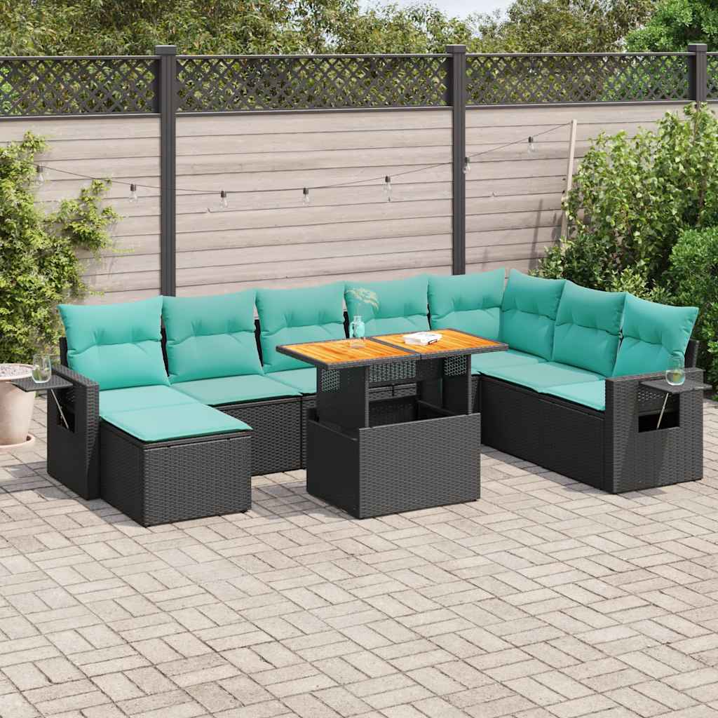 Set Divani da Giardino 9 pz con Cuscini Nero in Polyrattan | homemem39
