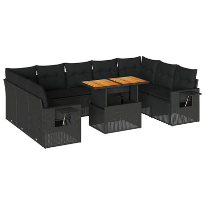 Set Divani da Giardino 10pz con Cuscini in Polyrattan Nero