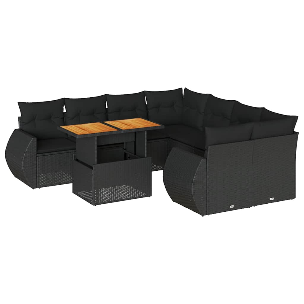 Set Divani da Giardino 9 pz con Cuscini Nero in Polyrattan