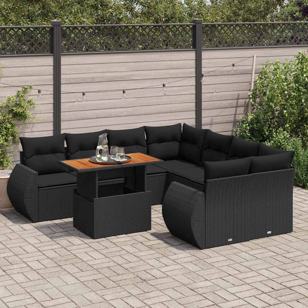 Set Divani da Giardino 9 pz con Cuscini Nero in Polyrattan | homemem39