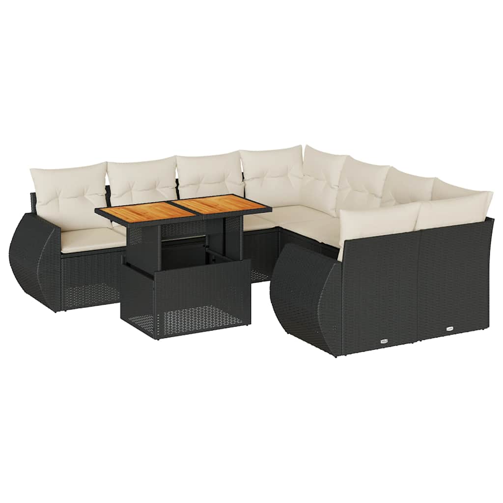 Set Divani da Giardino 9 pz con Cuscini Nero in Polyrattan