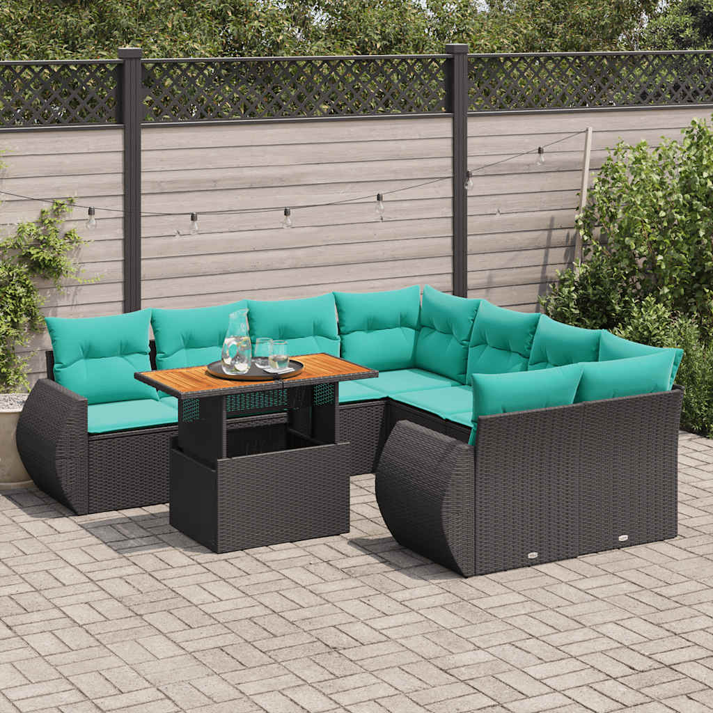 Set Divani da Giardino 9 pz con Cuscini Nero in Polyrattan | homemem39