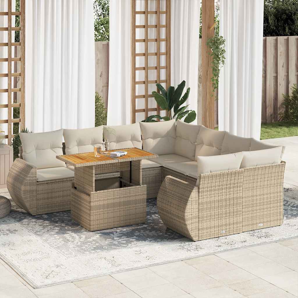 Set Divano da Giardino 9 pz con Cuscini Beige in Polyrattan | homemem39