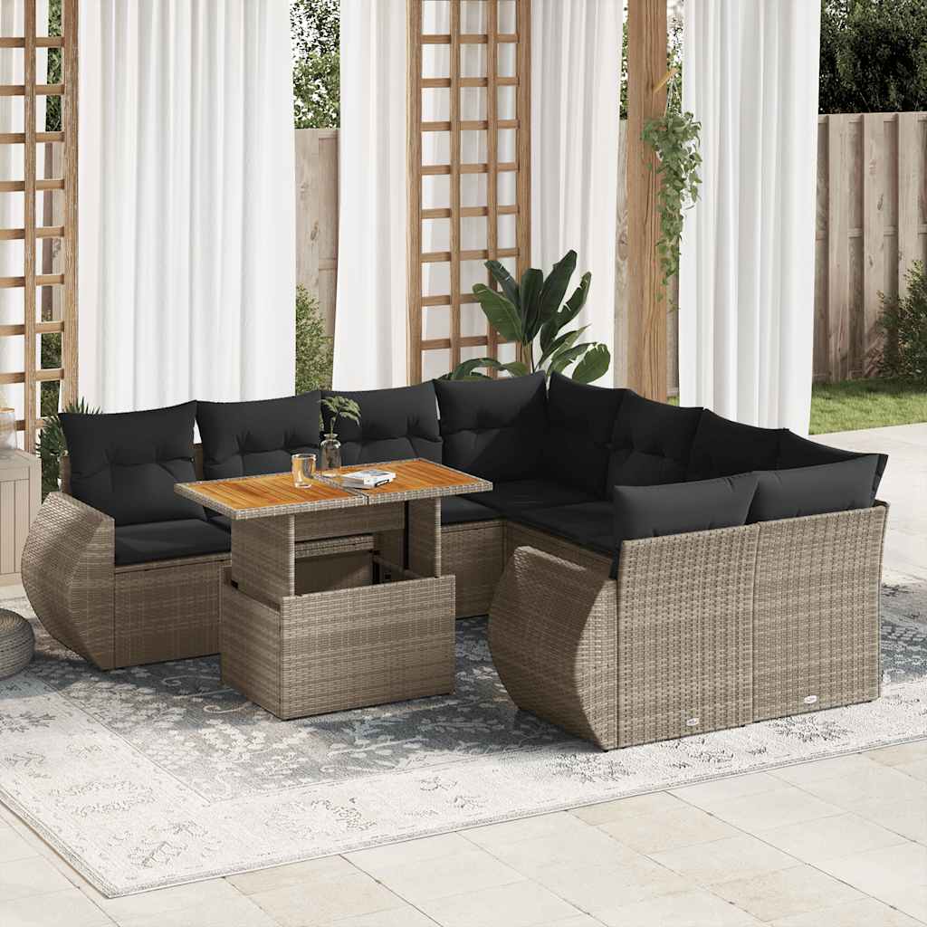 Set Divano da Giardino 9 pz con Cuscini Beige in Polyrattan