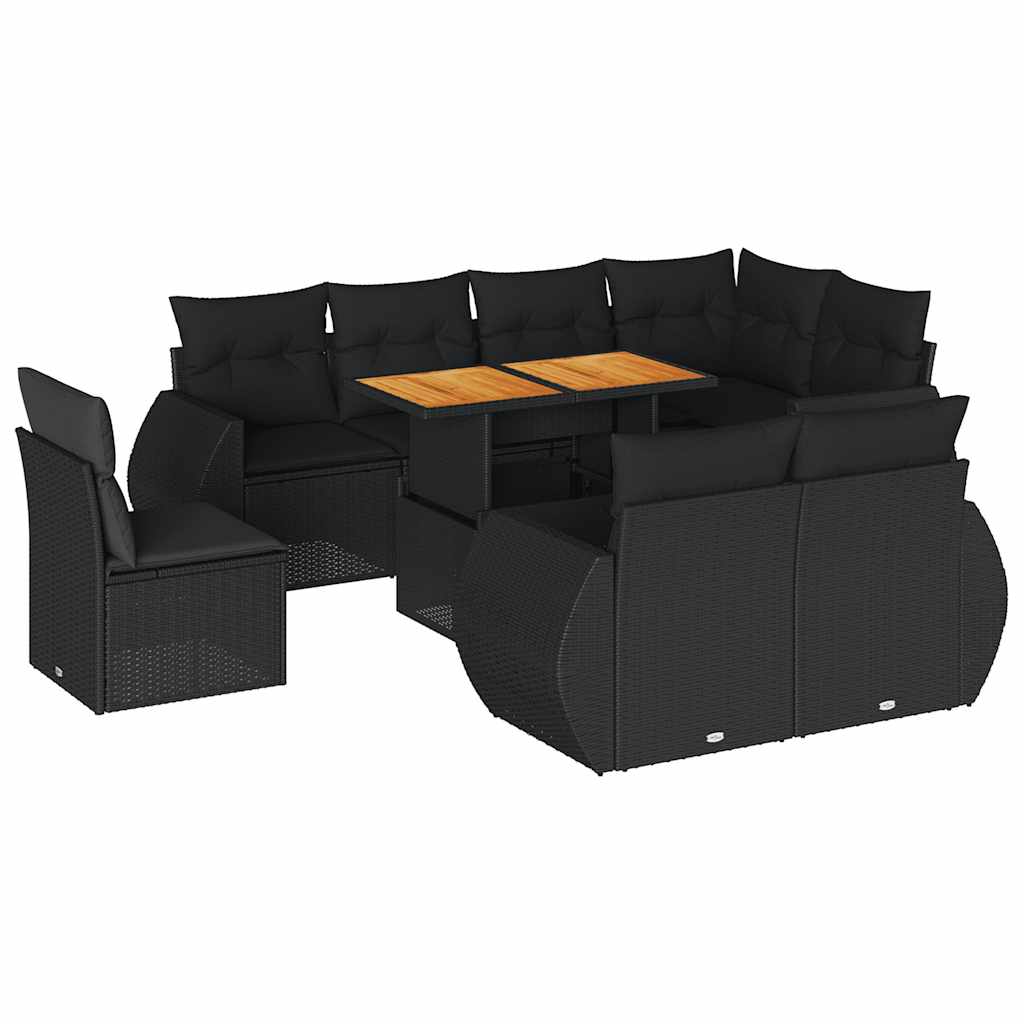 Set Divani da Giardino 9 pz con Cuscini Nero in Polyrattan
