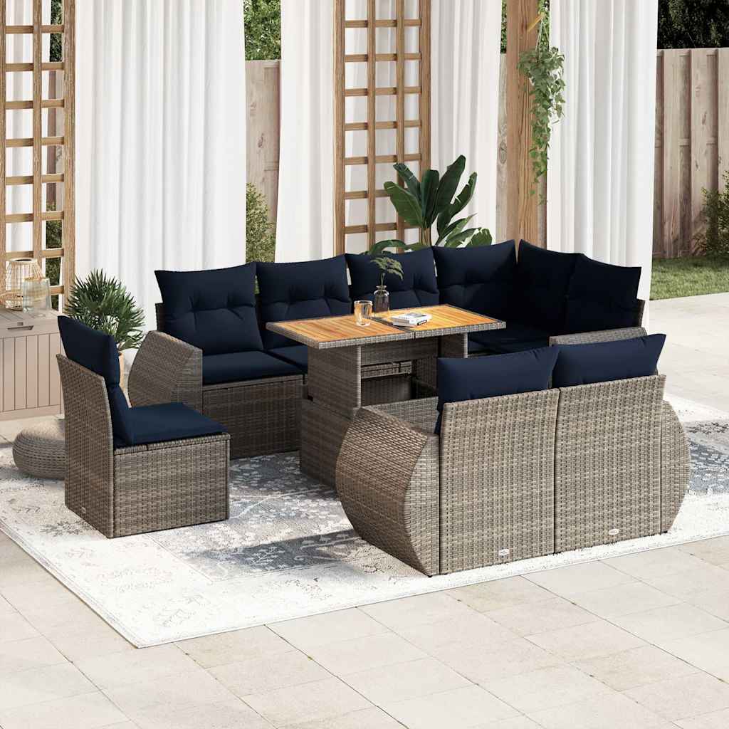 Set Divano da Giardino 9 pz con Cuscini Beige in Polyrattan