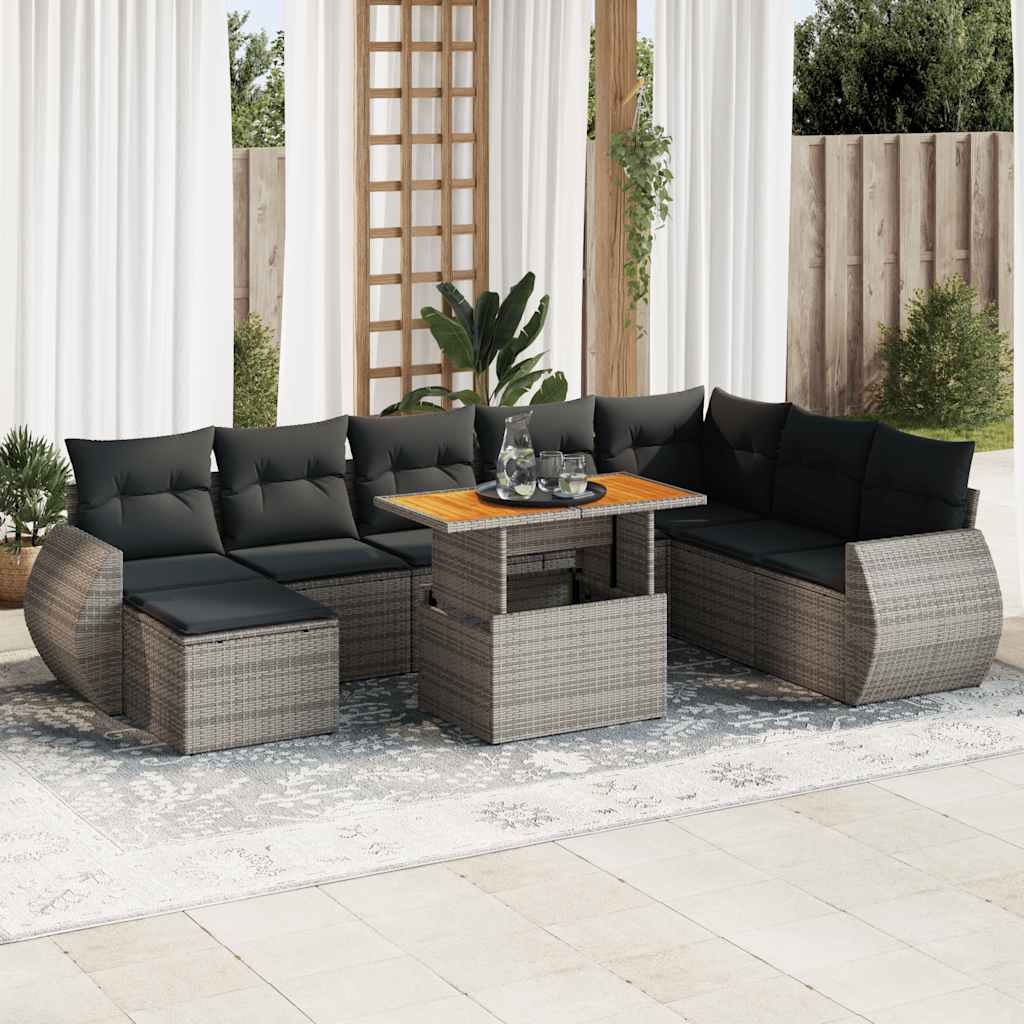 Set Divano da Giardino 9 pz con Cuscini Beige in Polyrattan