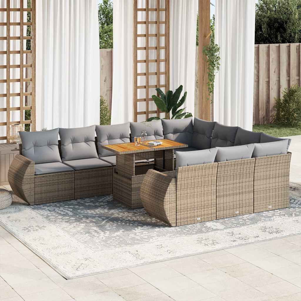 Set Divani da Giardino 11 pz con Cuscini Beige in Polyrattan